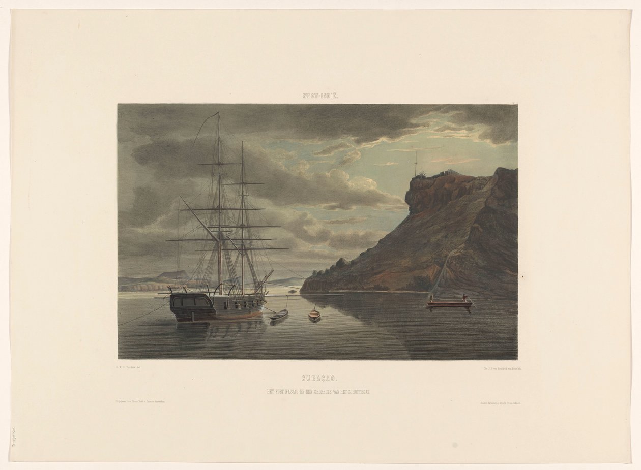Fort Nassau ja Schottegat Curacao. Nassaun linnake ja osa Schottegatia (otsikko esineessä) tekijältä jonkheer Jacob Eduard van Heemskerck