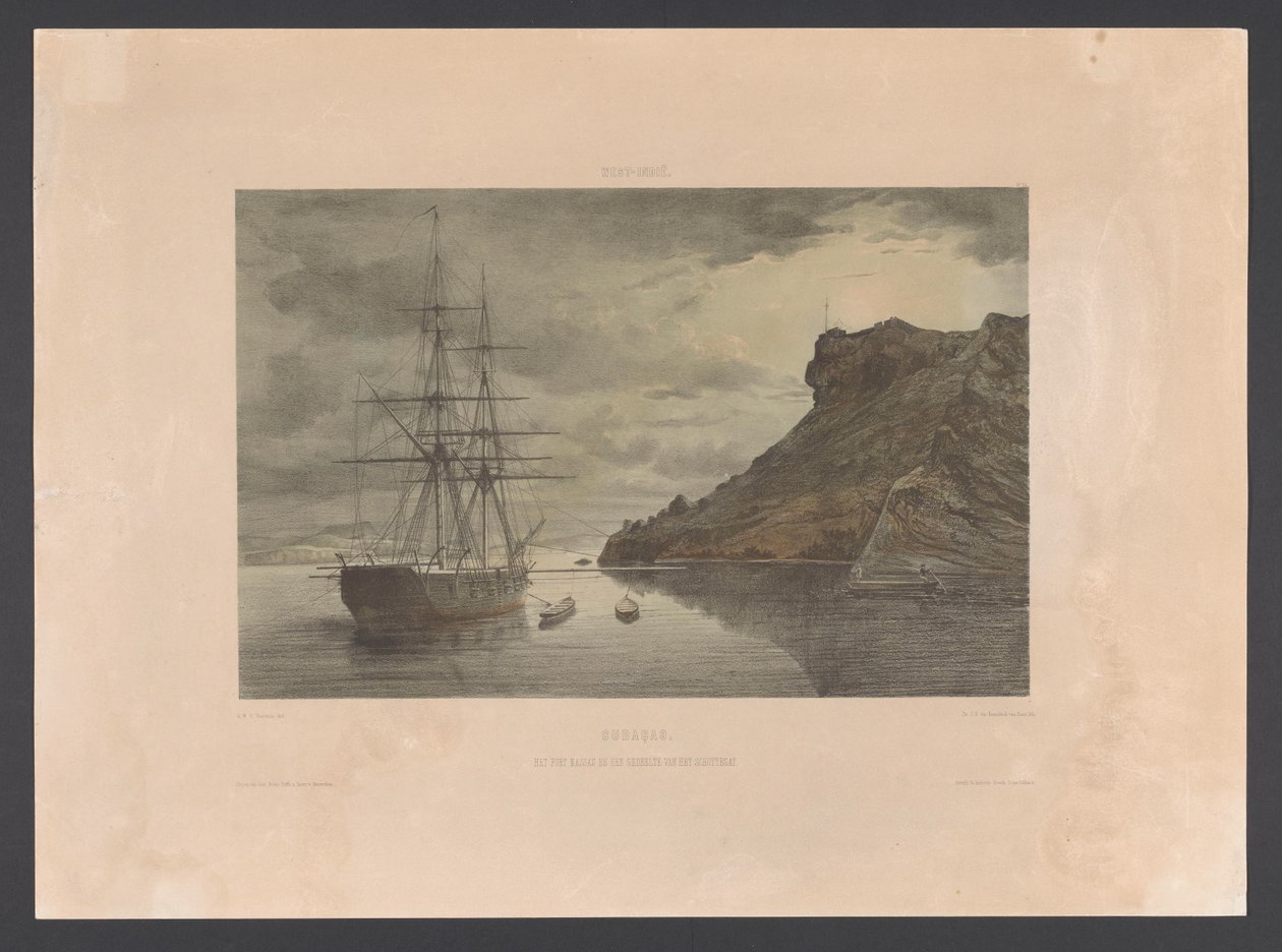 Fort Nassau ja Schottegat Curacao. Nassaun linnake ja osa Schottegatia (otsikko esineessä) Länsi-Intia (sarjan nimi esineellä) Näkymiä Alankomaiden Länsi-Intialta (sarjan nimi) tekijältä jonkheer Jacob Eduard van Heemskerck