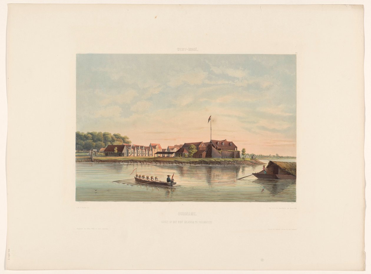Fort Zeelandia Paramaribossa Suriname. Näkymä Fort Zelandiaan Paramaribossa (otsikko esineessä) tekijältä jonkheer Jacob Eduard van Heemskerck