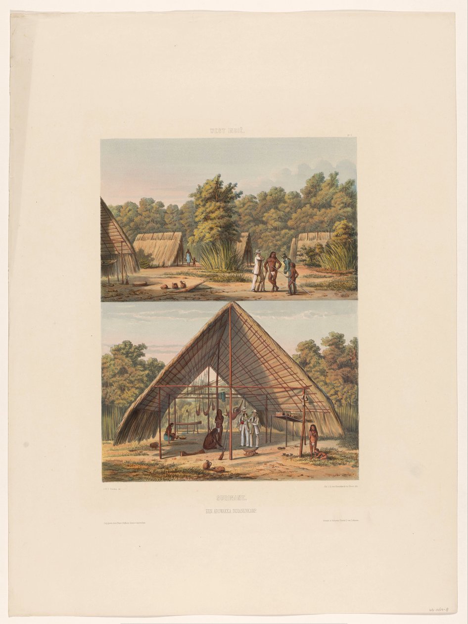 Arowaksin leiri Suriname. Arowakka Indian Camp (otsikko esineessä) tekijältä jonkheer Jacob Eduard van Heemskerck