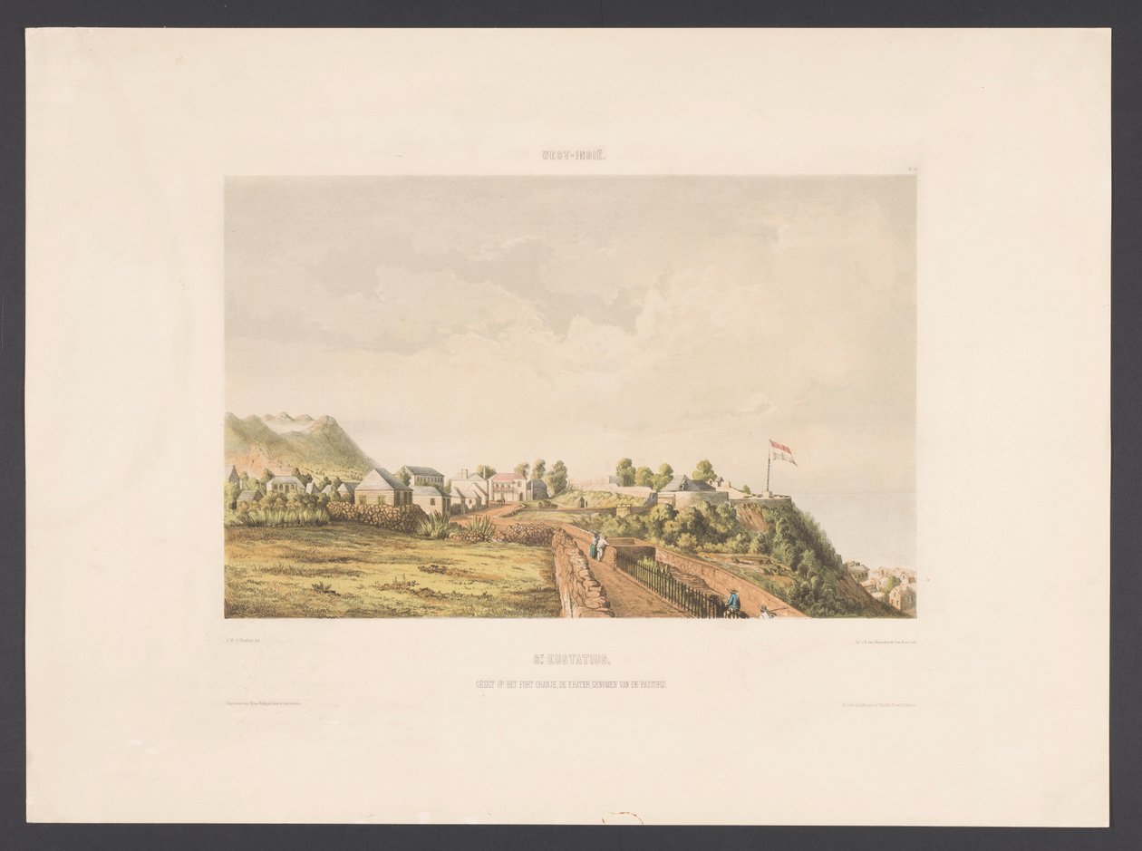 St. Eustatius St. Eustatius. Näkymä Fort Oranjesta, kraatterista, otettu pastorista (otsikko esineessä) Länsi-Intia (sarjan nimi esineellä) Näkymiä Alankomaiden Länsi-Intialta (sarjan nimi) tekijältä jonkheer Jacob Eduard van Heemskerck