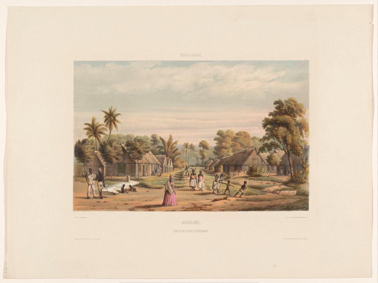 Orjahuoneistot istutusalueella Orja leiri Suriname. Plantaatioorjaleiri (nimi esineessä) tekijältä jonkheer Jacob Eduard van Heemskerck