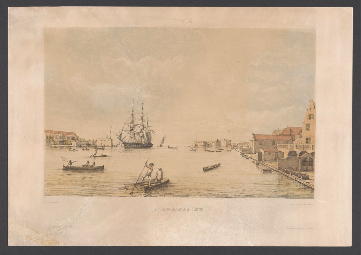 Willemstad Curaçaon sataman tulot (otsikko esineessä) Länsi-Intia (sarjan nimi esineellä) Näkymiä Alankomaiden Länsi-Intialta (sarjan nimi) tekijältä jonkheer Jacob Eduard van Heemskerck