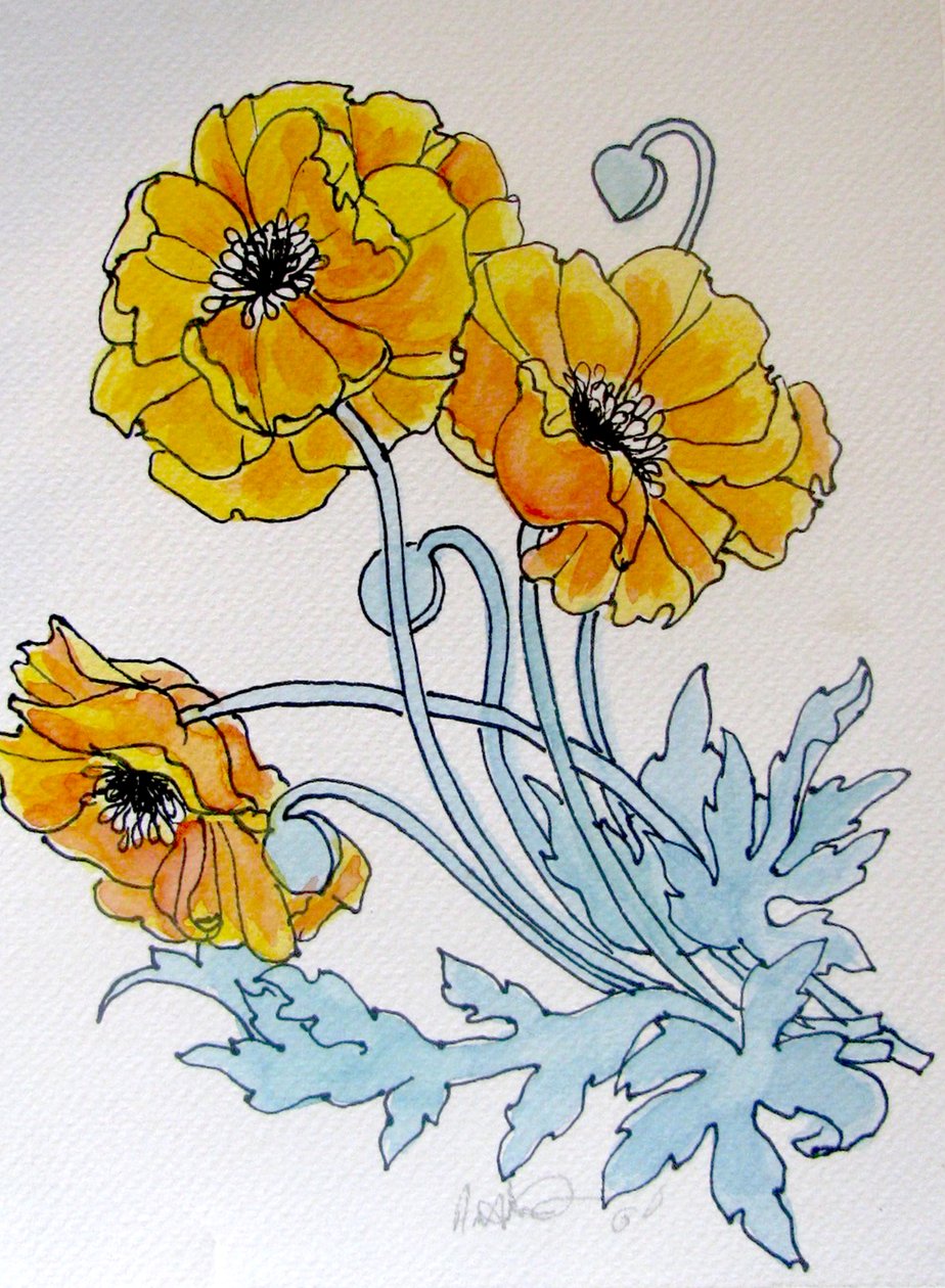 POPPIES, 2015 (akvarelli, muste) tekijältä linda arthurs
