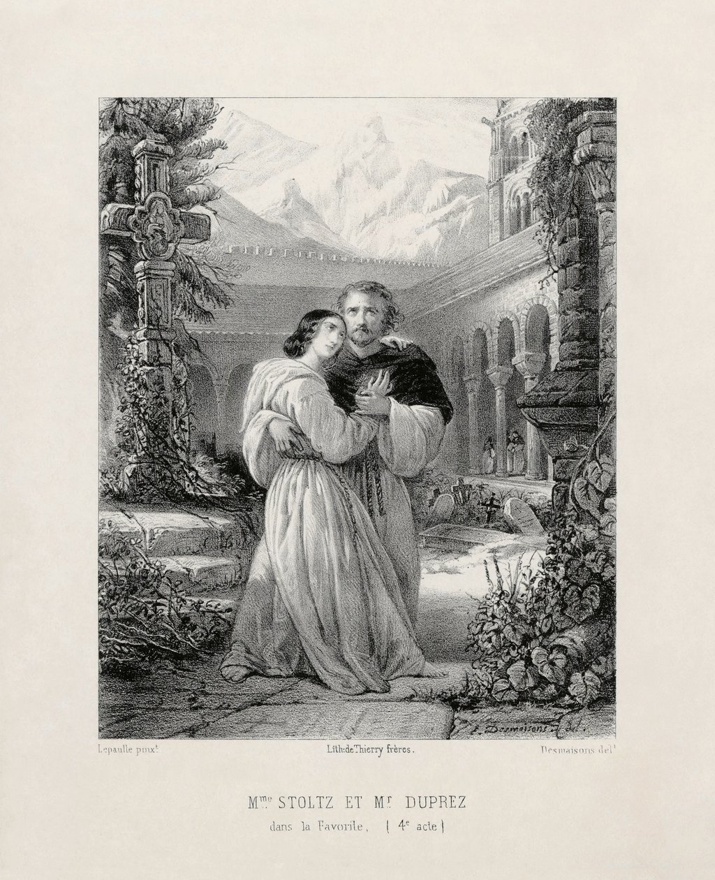 Gilbert Duprez (1806-1896) Fernandona ja Rosine Stoltz (1815-1903) Leonor de Guzmánina Gaetano Donizetin La Favourite -esityksen IV näytelmässä Pariisin Salle Le Peletier