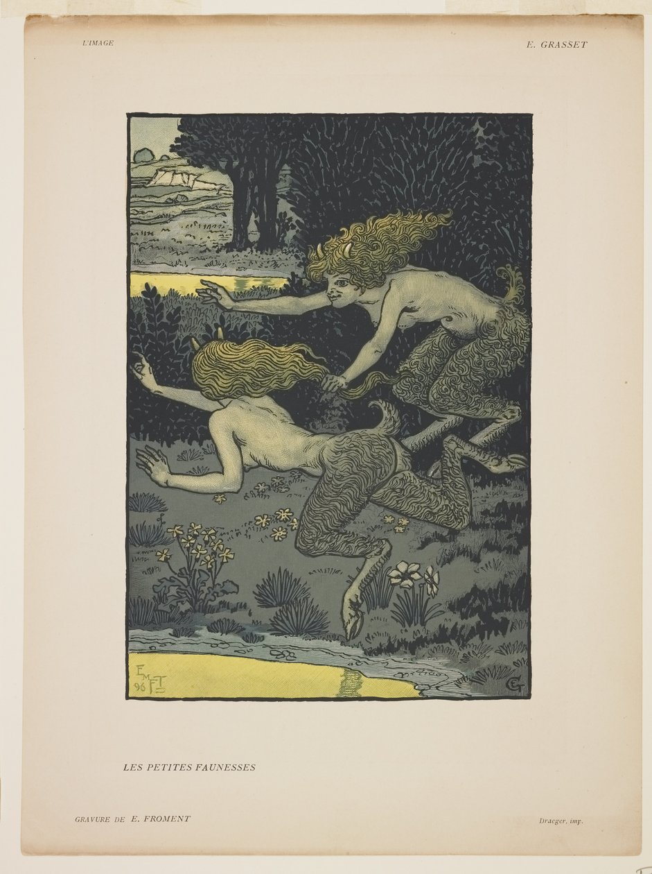 Les Petites Faunesses, 1896 (väripuukaiverrus) tekijältä Émile Froment