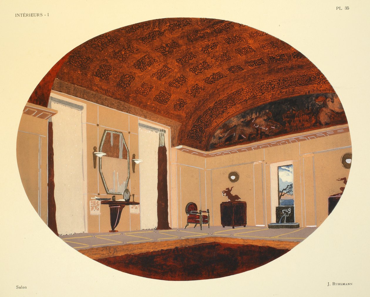 Salonki, kuvitus Leon Moussinacin teoksesta "Interieurs", pubi. Albert Levy, 1924-26 tekijältä Jacques Emile Ruhlmann