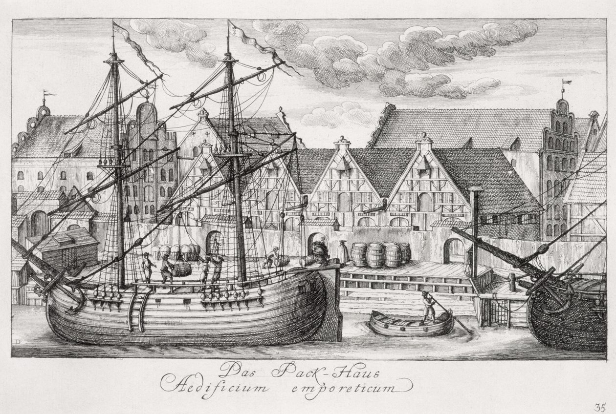Ladataan makasiinisaarella, teoksesta "Fifty Views of Gdansk", kaiverrettu Matthaeus Deisch (1724-89) 1761-65 tekijältä Friedrich Anton Lohrmann or Lormann