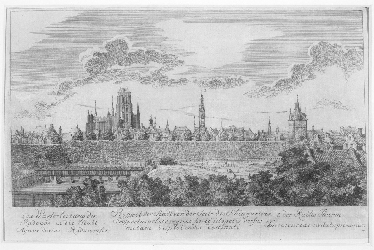 Näkymä Gdanskiin valleilta, teoksesta "Fifty Views of Gdansk", kaiverrettu Matthaeus Deisch (1724-89) 1761-65 tekijältä Friedrich Anton Lohrmann or Lormann