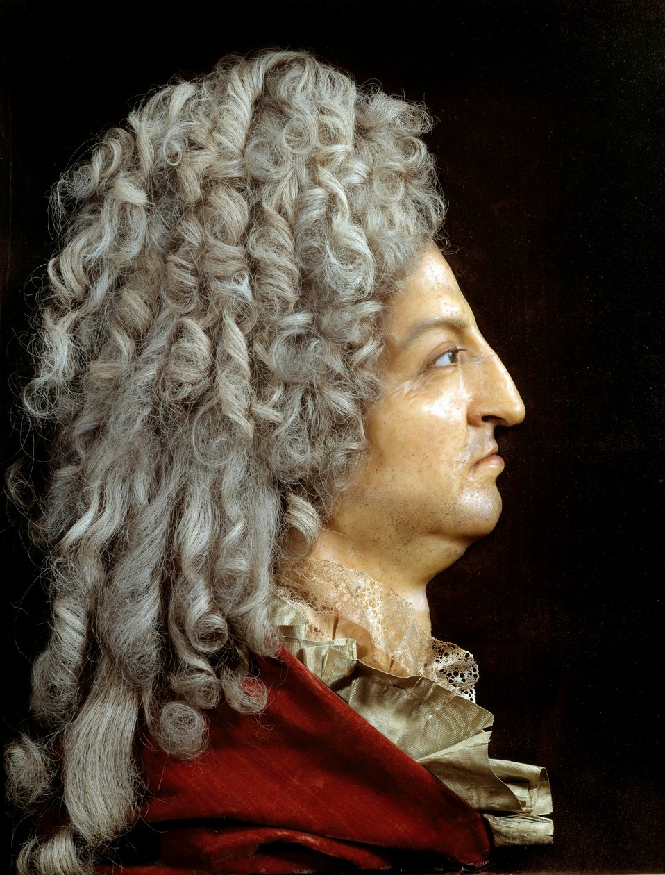 Kuningas Ludvig XIV:n (1638-1715) muotokuva. Antoine Benoist dit du Cercle (1632-1717) vahaa ja tekstiiliä. Noin 1705. Aurinko 0,52x0,42 m Versailles, musee du chateau tekijältä or Benoit du Cercle Antoine Benoist