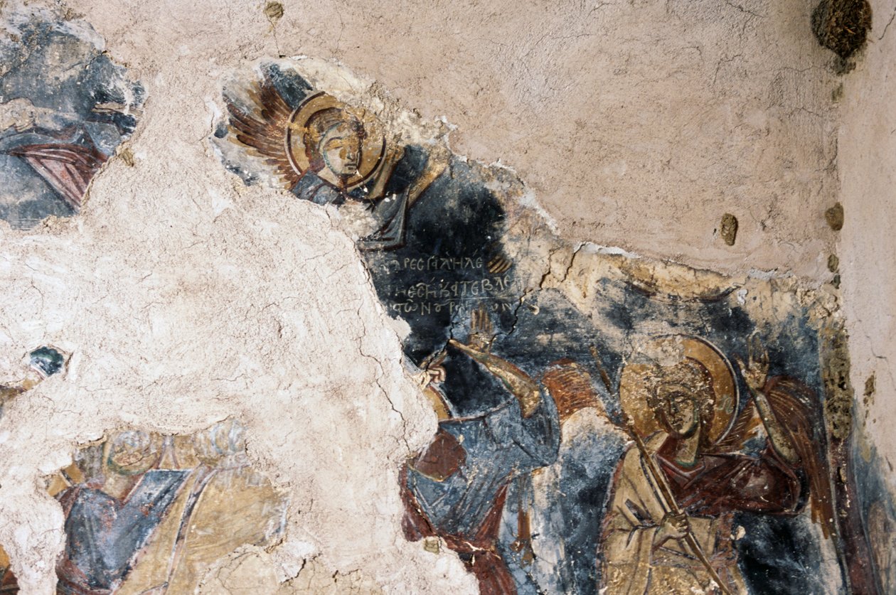 Enkeli ja pyhimys, yksityiskohta freskosta Agios Georgios Apodouloun kirkossa, Apodoulou, Kreeta, Kreikka (kuva) tekijältä Theodore Charles Ange Coquelin
