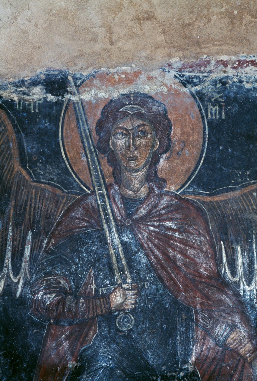 Enkeli pitelee miekkaa, fresko bysanttilaisessa Pyhän Yrjön kirkossa, Komitades, Kreeta, Kreikka (kuva) tekijältä Theodore Charles Ange Coquelin