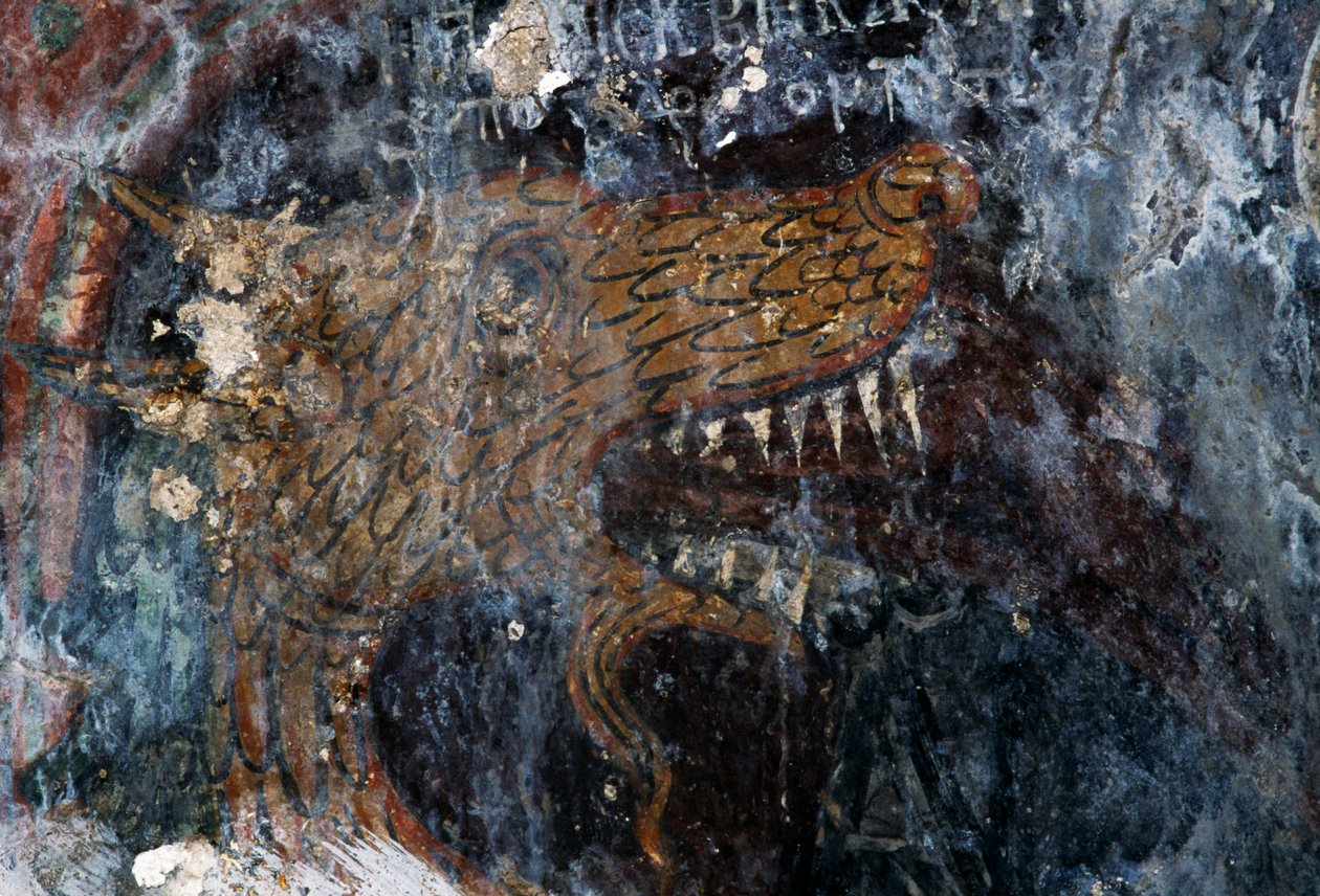 Lintu, yksityiskohta kirottujen rangaistuksesta Agia Paraskevin kirkossa, Voutas, Kreeta, Kreikka (kuva) tekijältä Theodore Charles Ange Coquelin