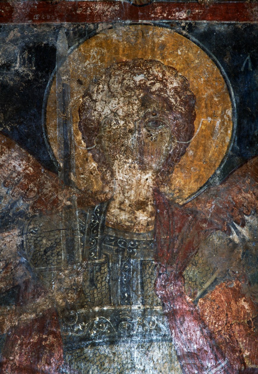 Pyhän hahmo, fresko bysanttilaisessa Agios Konstantinoksen ja Agia Elenin kirkossa, Voukolies, Kreeta, Kreikka (kuva) tekijältä Theodore Charles Ange Coquelin