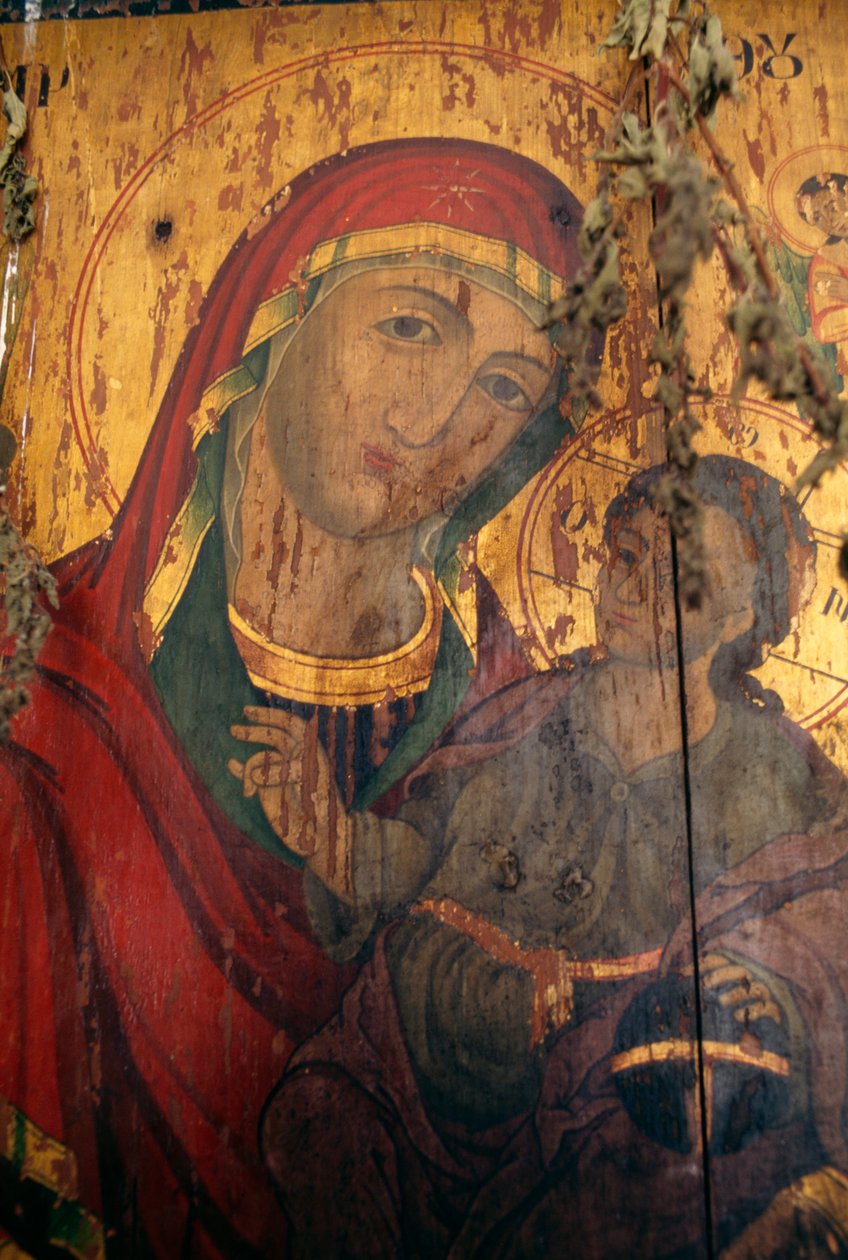 Madonna lapsen kanssa, maalattu puulle Agios Antoniosin kirkossa, Kavousi, Kreeta, Kreikka (kuva) tekijältä Theodore Charles Ange Coquelin