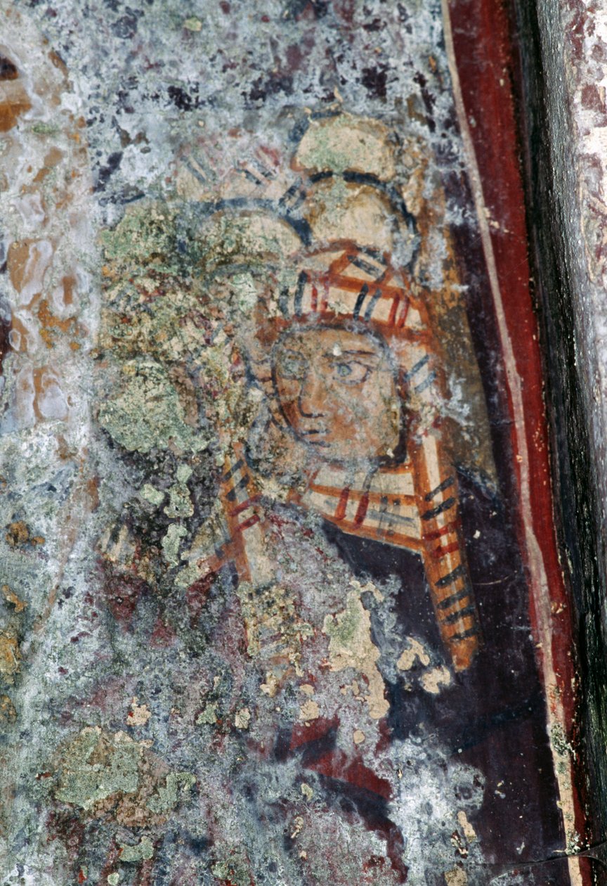 Mieshahmo päähineen kanssa, vaurioitunut fresko Metamorphosis Sotirosin kirkossa, Voutas, Kreeta, Kreikka (kuva) tekijältä Theodore Charles Ange Coquelin