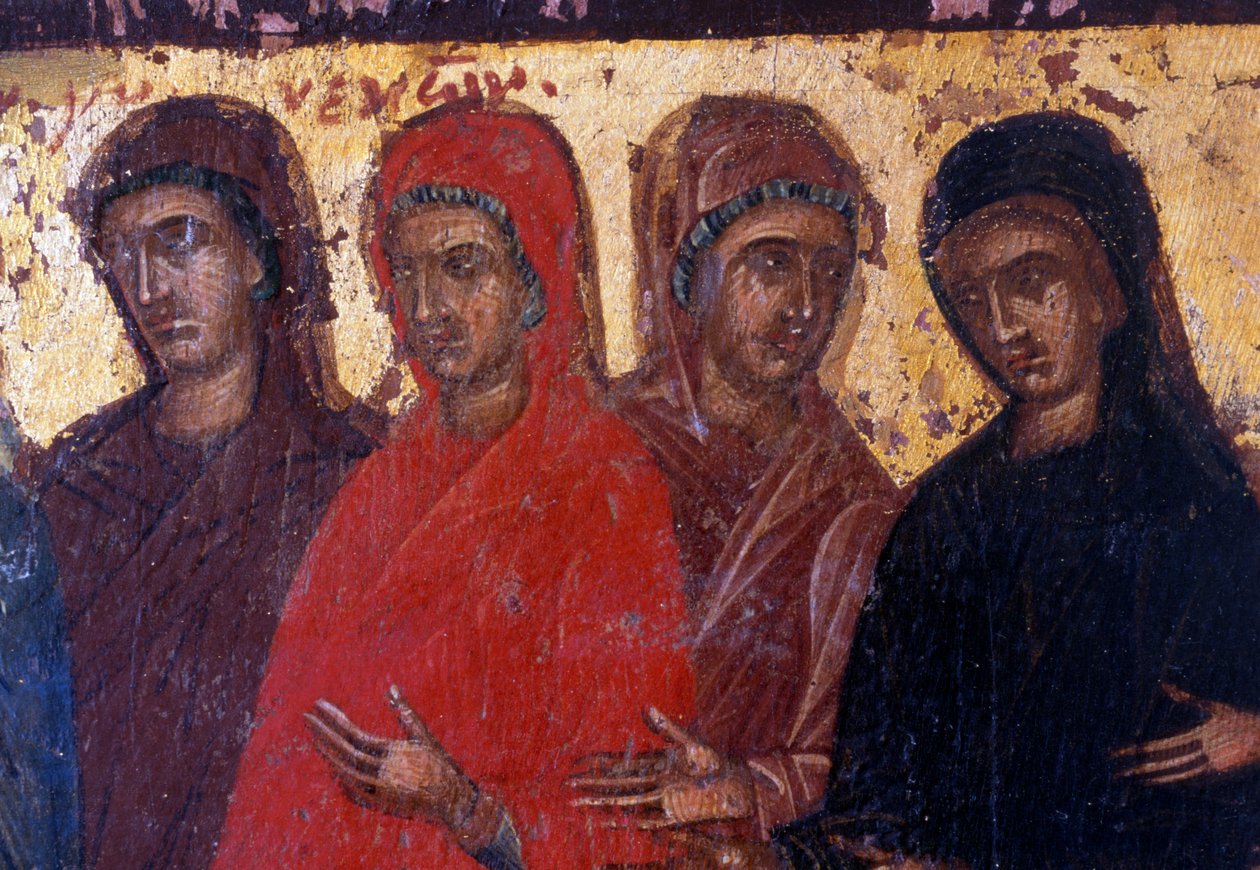 Hurskaat naiset, puupaneeli bysanttilaisessa Palea Roumatan kirkossa, Kreetalla, Kreikassa (kuva) tekijältä Theodore Charles Ange Coquelin