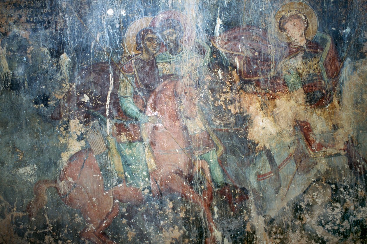 Pyhät hevosen selässä, fresko bysanttilaisessa Agios Athanasiosin kirkossa, Kefali, Kreeta, Kreikka (kuva) tekijältä Theodore Charles Ange Coquelin