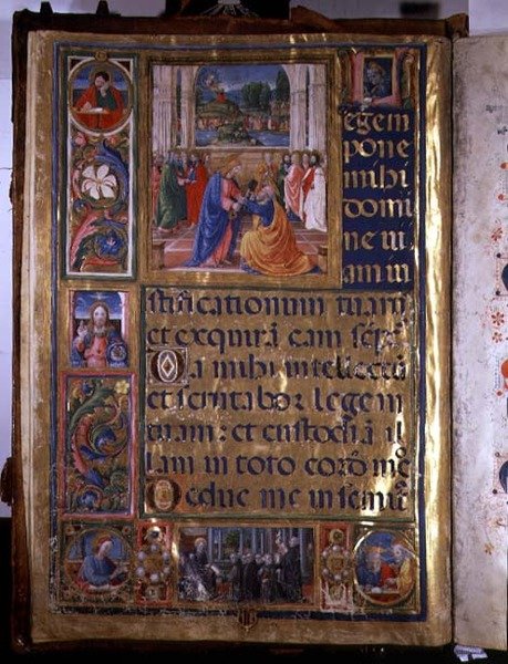 Ms 542 f.3v Sivu, jossa Kristus antaa avaimet Pietarille, Don Appianon kirjoittamasta psalttarista, Badia Fiorentinen kirkosta, Firenze. tekijältä or di Giovanni Monte del Fora