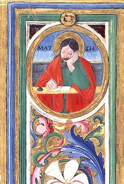 Ms 542 f.3v St. Matthew kirjoittaa ensimmäisen evankeliumin psalterista, jonka on kirjoittanut Don Appiano Badia Fiorentinan kirkosta Firenzestä tekijältä or di Giovanni Monte del Fora