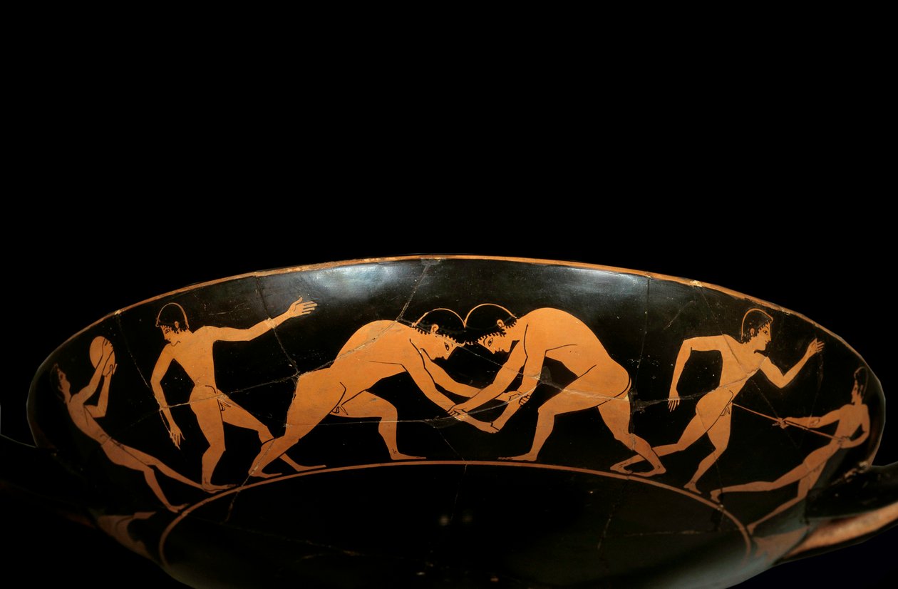 Ullakkokuppi punaisilla hahmoilla, jotka edustavat harjoitteluurheilijoita, discobolia ja painijoita. Euergides-maalariin (6. vuosisadan lopulla eKr.) kuuluva maalaus. Pariisi, Louvre-museo tekijältä painter Euergides