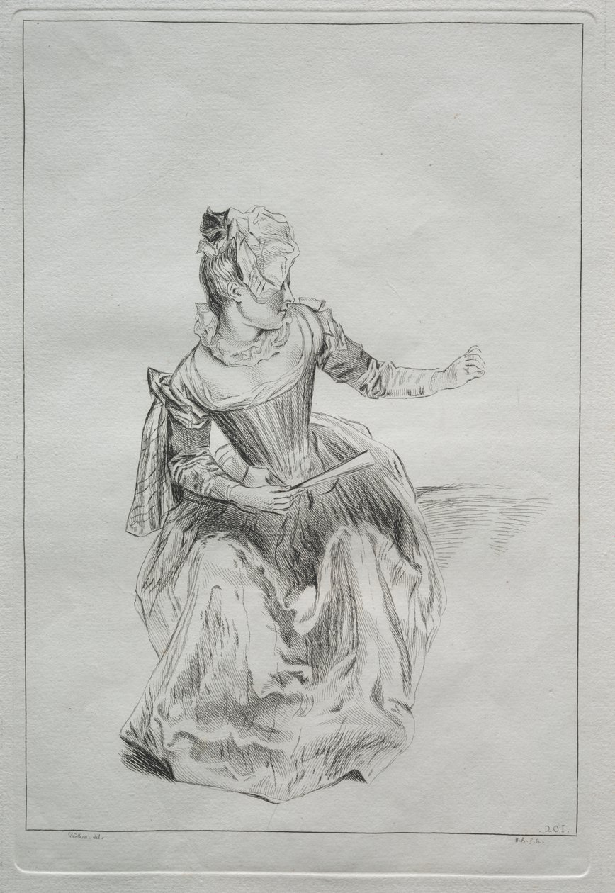 Nainen pitelee tuuletinta tekijältä possibly by Benoit II Audran