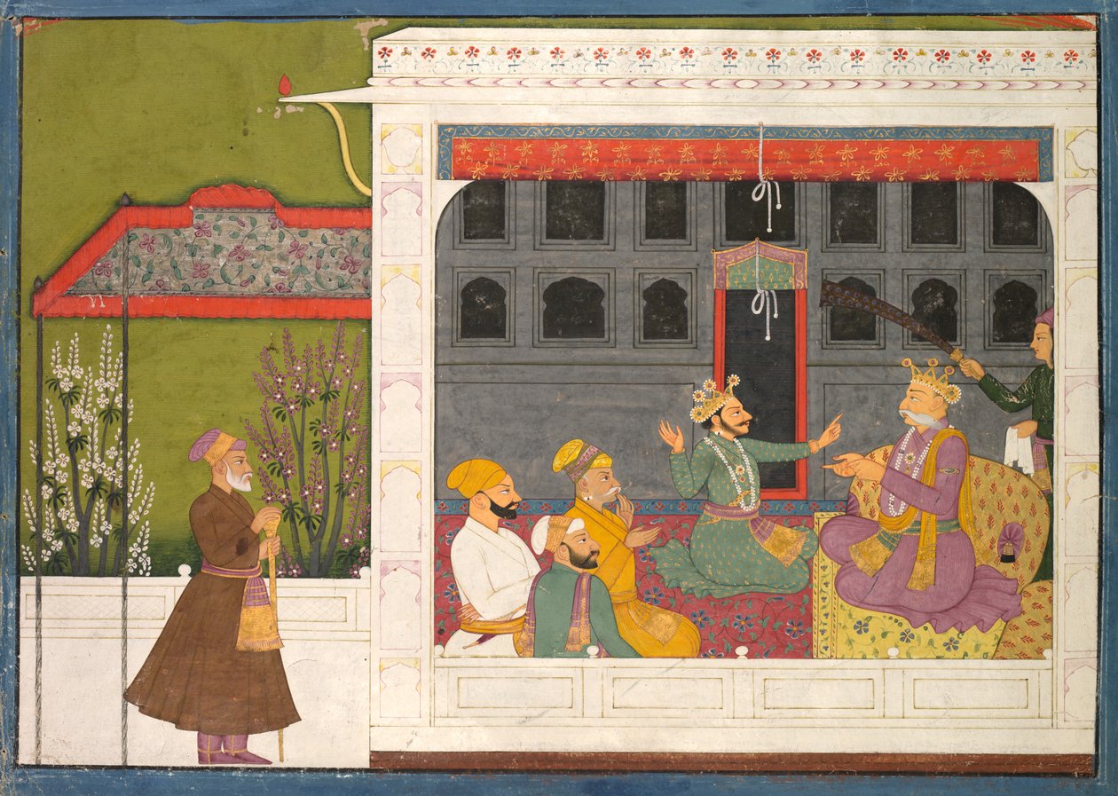 Shispul riitelee Rukminin isän, Bhishmakan kanssa, sivu Rukmini Mangal -sarjasta tekijältä possibly by Mola Ram