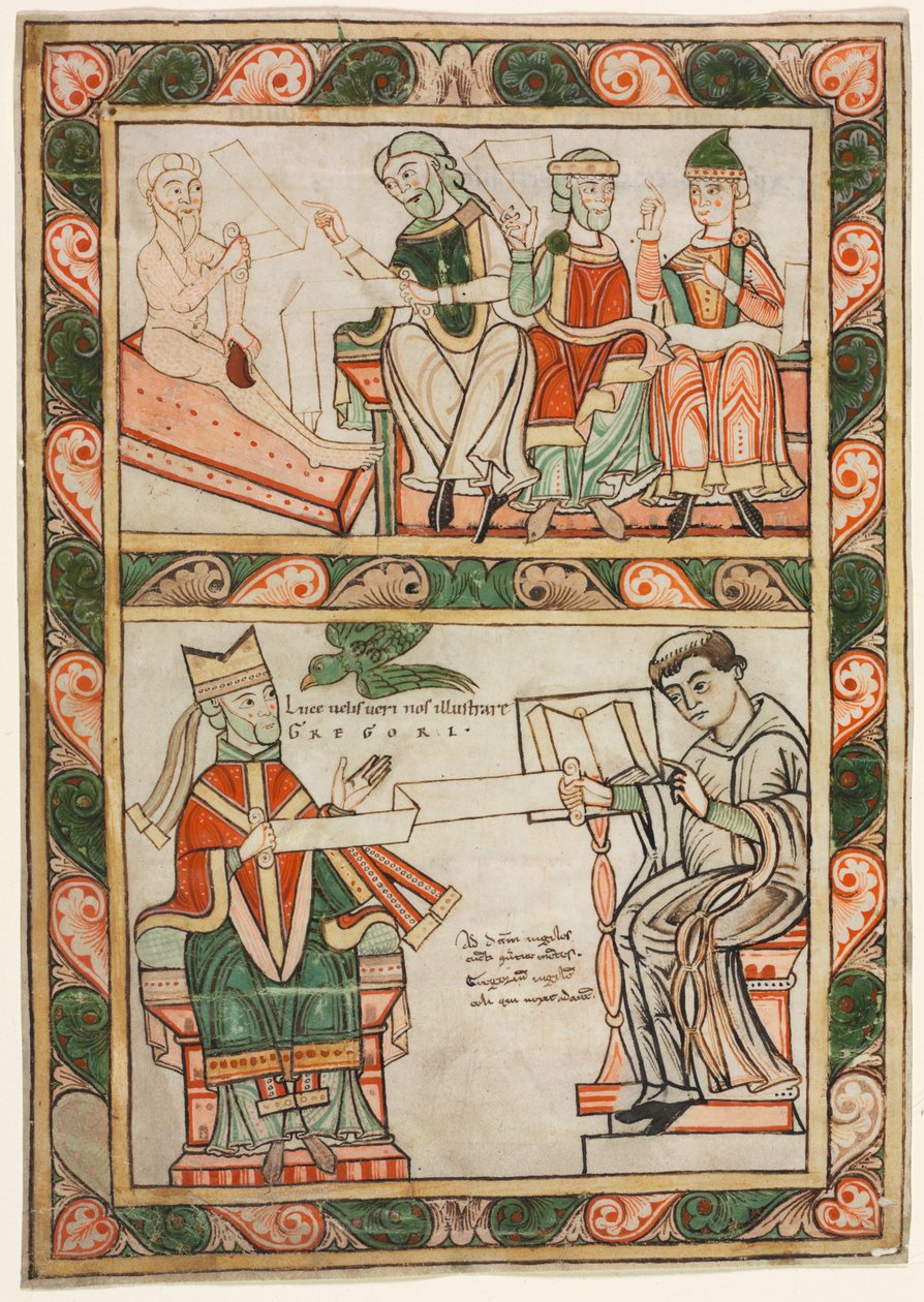 St. Gregoryn "Moralia" -teoksen otsikkosivu: Hänen kolmen ystävänsä (yllä) ja Gregorius Suuren ja hänen diakoninsa Pietarin (alla) vieraillessa tekijältä probably by Abbot Frowin