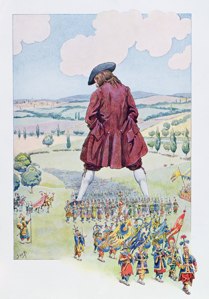Gulliver tarkastamassa Lilliputin armeijaa, kuvitus "Gulliverin matkat" ranskalaisesta painoksesta, n. 1900 tekijältä Jacques Marie Gaston Onfray de Breville (Job)