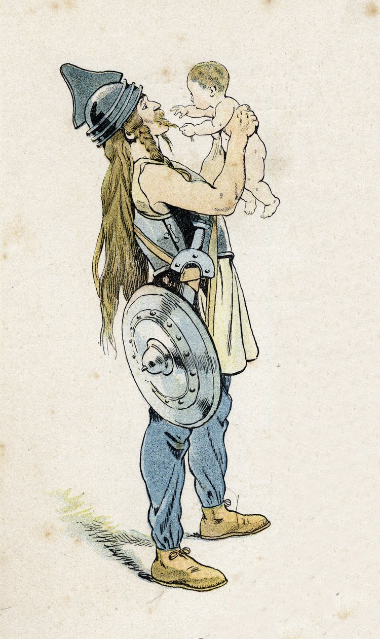 Gallialainen soturi lapsensa kanssa. "" Ranskassa, hänen tarinansa kertoi G. Montorgueil, kuvannut Job""" 1896. Yksityinen kokoelma. tekijältä pseudonym for Onfray de Breville Jacques Job
