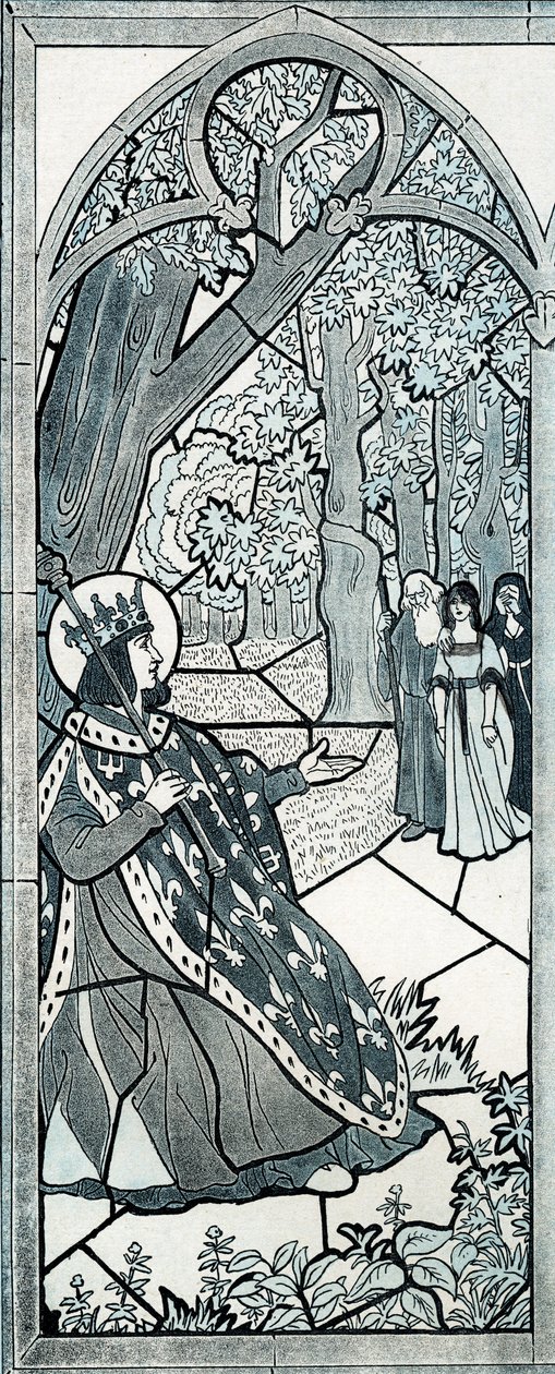 Onko ketään, joka lähti täältä? Louis IX dit Saint Louisin (1214-1270) sanat, joka teki oikeutta tammen juurella rohkaistakseen väestöä kertomaan valituksensa. Kuvitus Jobista (Jacques Marie Gaston Onfray ja Breville) (Jacques-Marie) (1858-1931) tekijältä pseudonym for Onfray de Breville Jacques Job