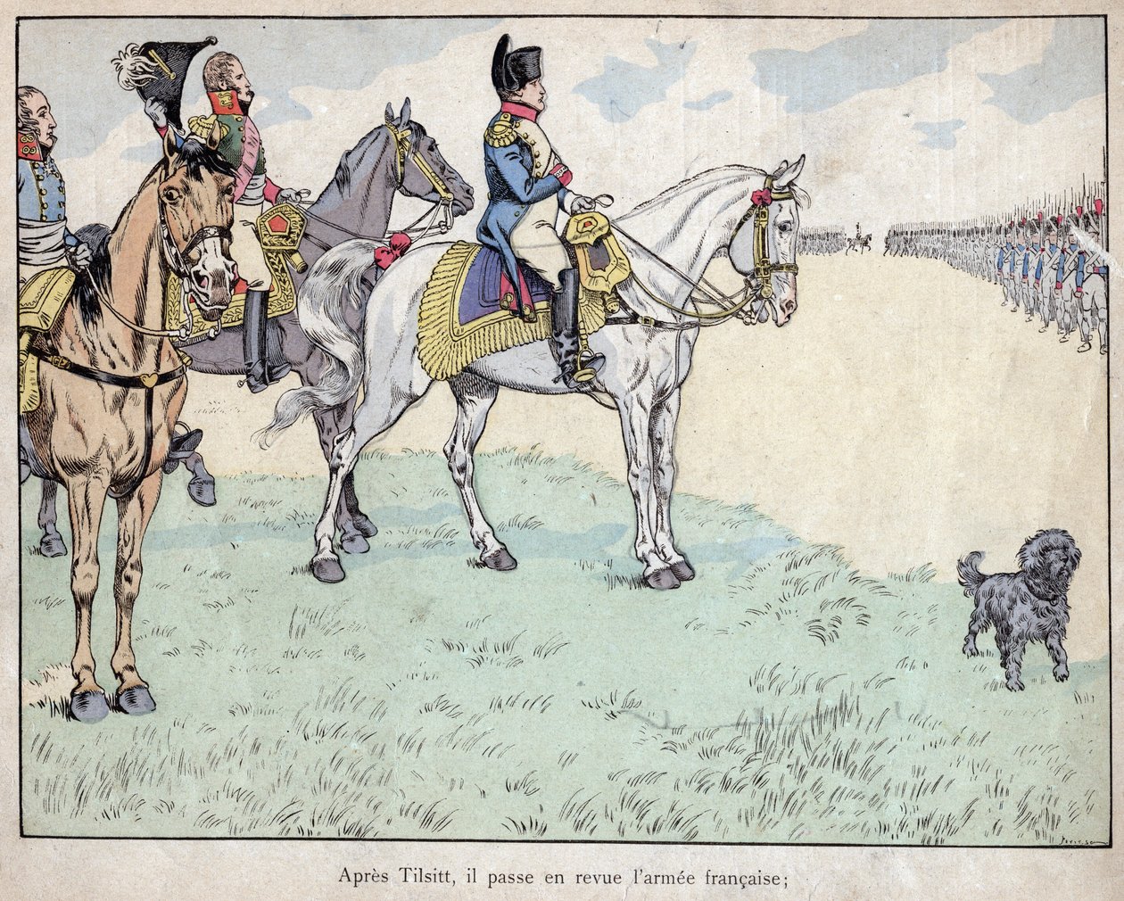 Apres Tilsit - Napoleon tarkastelee Ranskan armeijaa Tilsitin sopimusten allekirjoittamisen jälkeen, 7. heinäkuuta 1807 - Jobin (Jacques Onfroy de Breville) litografia elokuvasta "" Le Grand Napoleon des Petites Enfants"" 1893 tekijältä pseudonym for Onfray de Breville Jacques Job