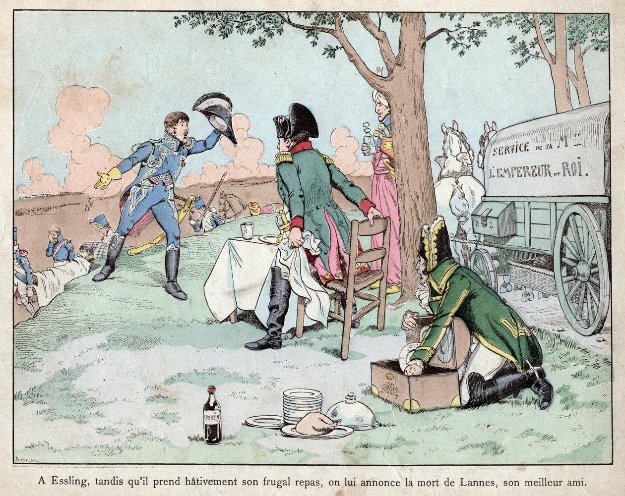 Aspern Esslingin taistelu - Napoleon saa uutisen marsalkka Lannesin kuolemasta 1809 - Aspern-Esslingin taistelu - Napoleon saa uutisen marsalkka Lannesin kuolemasta - Jobin (Jacques Onfroy de Breville) litografia "" Le Grand Napoleon des Petites -yhtiöstä tekijältä pseudonym for Onfray de Breville Jacques Job