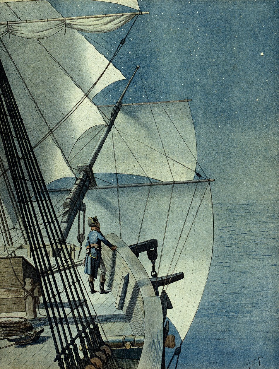 Egyptin kampanja (retkikunta) (1798-1801): paluu Aleksandriasta Egyptiin "La Muironin" fregatilla", Napoleon I Bonaparte (1769-1821) yksin laivan sillalla pohtii Välimerta yöllä tekijältä pseudonym for Onfray de Breville Jacques Job