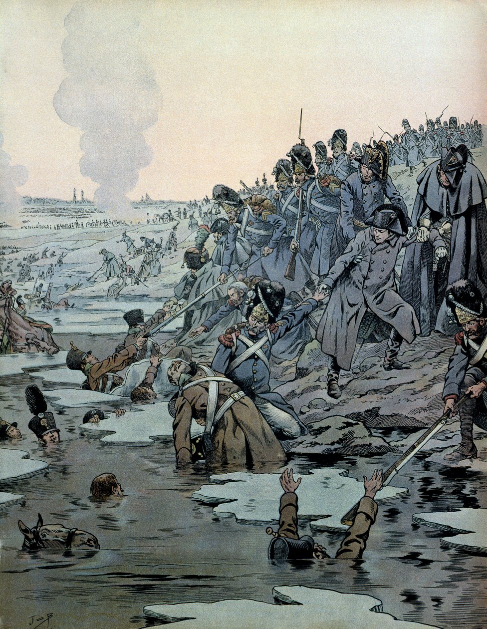 Itävallan kampanja (1805): Austerlitzin taistelun jälkeen Napoleon I Bonaparte (1769-1821) sotilaineen pelasti venäläiset jäisiltä järviltä 2. joulukuuta tekijältä pseudonym for Onfray de Breville Jacques Job