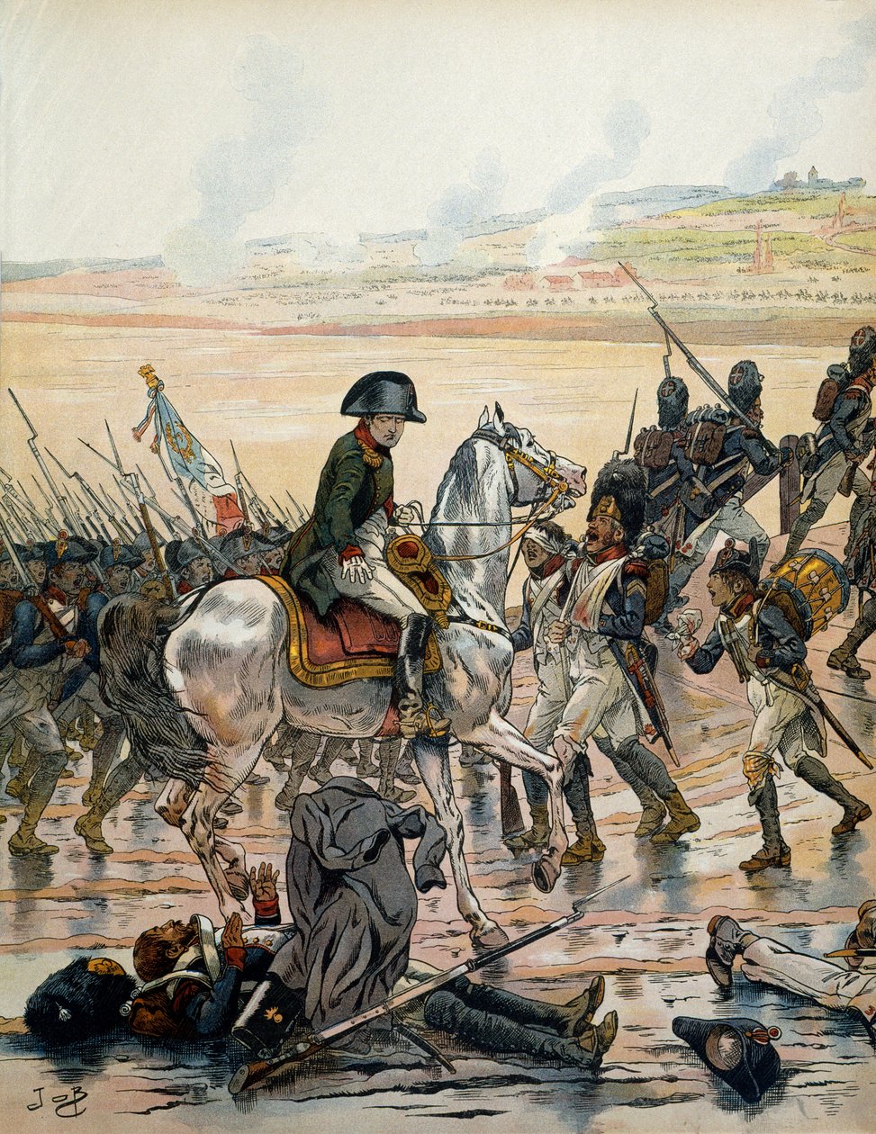 Itävallan kampanja (1805): Elchingenissä taistelukentällä vieraileva Napoleon I Bonaparte (1769-1821) tunnistaa Egyptin armeijan lestarin, joka makaa selällään, altistuu vesisateelle ja jatkaa huutamistaan hänelle. toverit "" forw tekijältä pseudonym for Onfray de Breville Jacques Job
