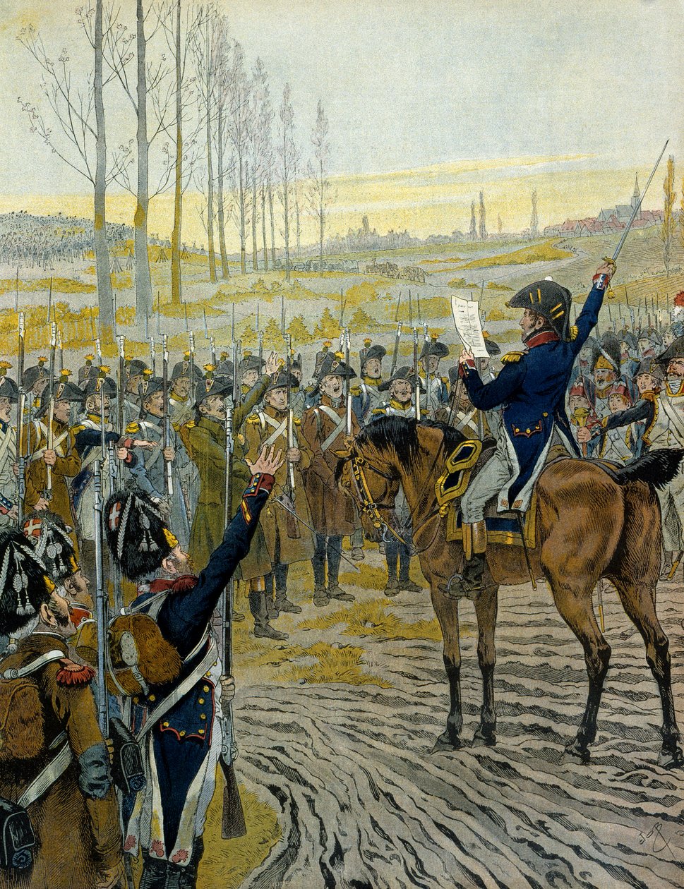 Itävallan kampanja (1805): Keisari Napoleon I Bonaparten (1769-1821) julistus joukkoille ennen Austerlitzin taistelua 2. joulukuuta 1805. Georges Montorgueilin teoksessa Napoleon. Kuvitus: Jacques Marie Gaston Onfray de Breville dit JOB tekijältä pseudonym for Onfray de Breville Jacques Job
