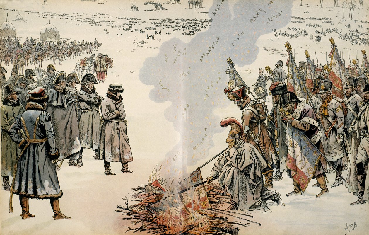 Venäjän kampanja (1812): Venäjän vetäytymisen aikana Napoleon I Bonaparte (1769-1821) käski polttaa liput ja kotkat estääkseen vihollista valtaamasta niitä. Georges Montorgueilin teoksessa "Napoleon". Kuvitus: Jacques Marie Gaston Onfray tekijältä pseudonym for Onfray de Breville Jacques Job