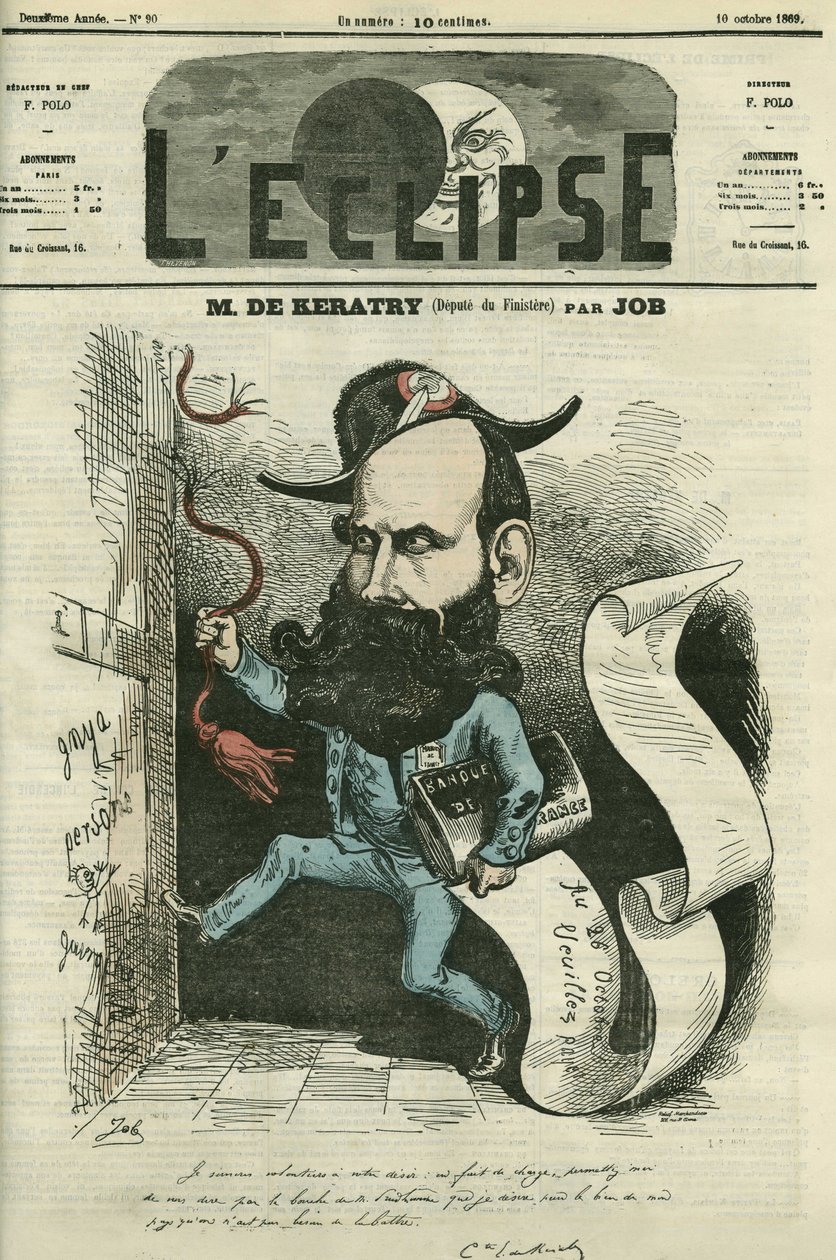Sarjakuva Emile Keratryn (1832-1904), ranskalaisen poliitikon. Kansi Jobin "" L