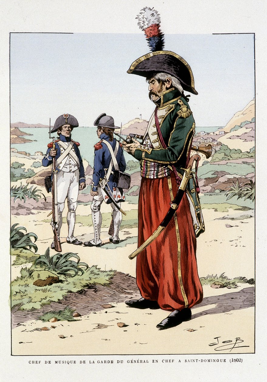 Päällikkökenraalin kaartin kapellimestari St Domingossa vuonna 1802 - teoksessa "Ranskan joukkojen varusteet: maa- ja meriarmeijat kaikkina aikoina", ill. kirjoittanut Job tekijältä pseudonym for Onfray de Breville Jacques Job