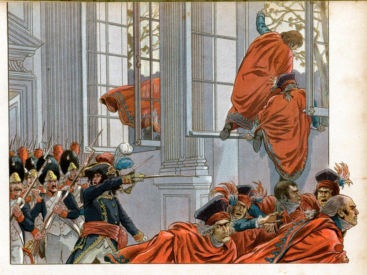 Konsulaatti: Joachim Murat (1767-1815) astuu viiden sentin neuvoston kammioon (500:n huone) 50 miehen kanssa karkottamaan senaattorit 18-sumun vallankaappauksen aikana (11.9. /1799), joka lopetti johtokunnan ja synnytti johtokunnan tekijältä pseudonym for Onfray de Breville Jacques Job