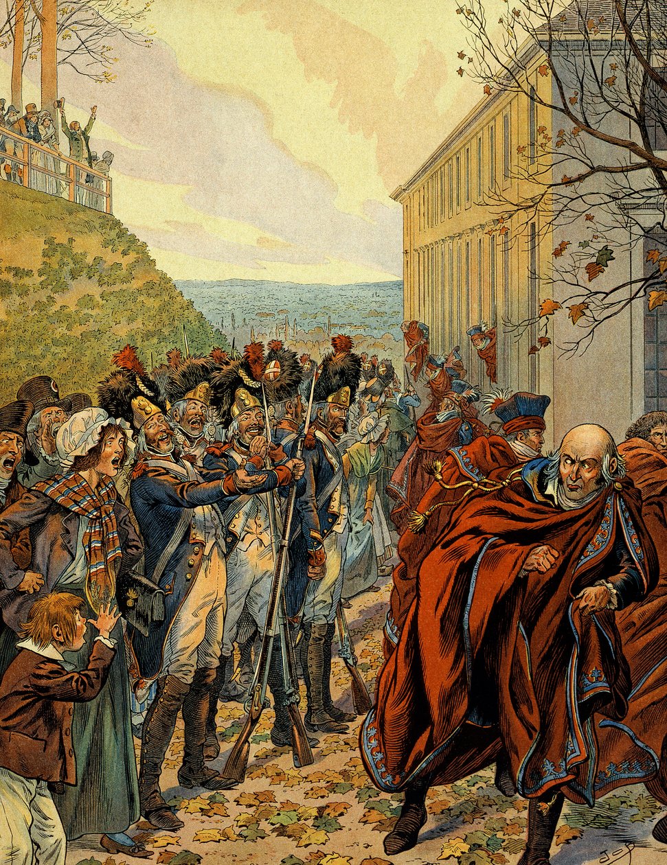 Napoleon I Bonaparten (1769-1821) vallankaappaus: Lento viiden sentin (viisi senttiä) neuvostolta (500 huonetta) 19. brumaire (10. marraskuuta) tekijältä pseudonym for Onfray de Breville Jacques Job