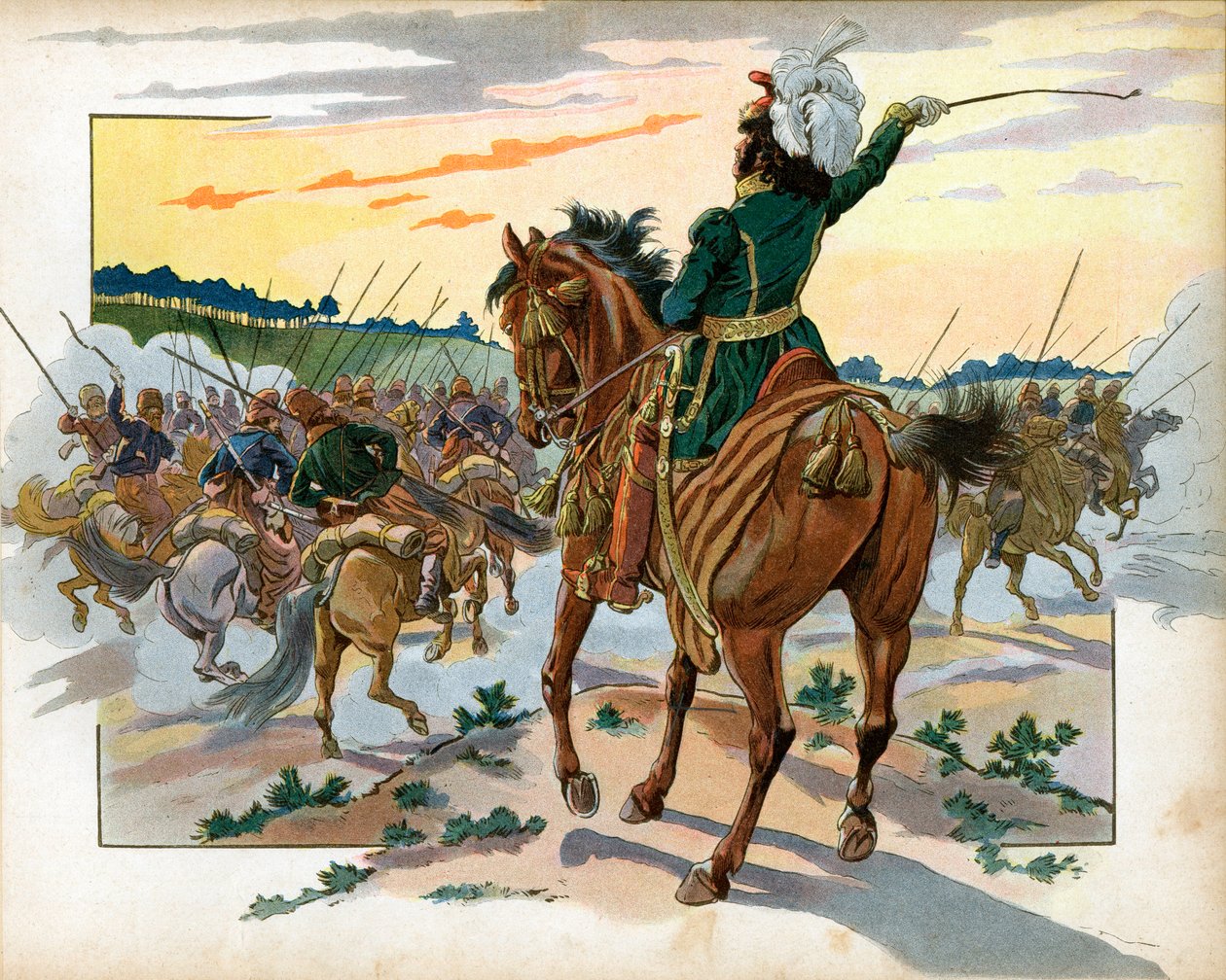 Venäjän kampanjan aikana Joachim Murat (1767-1815) eteni yksin kasakkoja vastaan ja jätti heidät taakseen yksin läsnäolollaan. Kaiverrus Jacques Marie Gaston Onfray de Breville dit Job (1858-1931) tekijältä pseudonym for Onfray de Breville Jacques Job