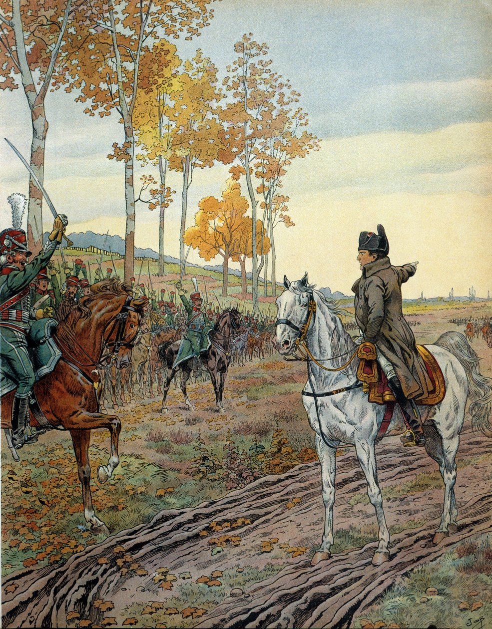 Keisari Napoleon I Bonaparte (1769-1821) järjesti toista hevosmetsästäjien rykmenttiä vuonna 1806 Preussin (Saksan) kampanjan aikana ennen Ienan taistelua 14. lokakuuta 1806. Georges Montorgueilin teoksessa ”” Napoleon””. Kuvitus: Jacques Marie tekijältä pseudonym for Onfray de Breville Jacques Job