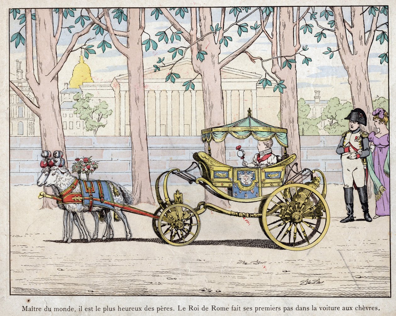 Keisari Napoleon I Bonaparte (1769-1821) poikansa prinssi Napoleon Francois Charles Joseph Bonaparten kanssa, josta tuli Rooman kuningas Napoleon II, jota myöhemmin kutsuttiin myös Aigloniksi – Napoleon katselee Italian kuningasta (Napoleon II) ottavan ens tekijältä pseudonym for Onfray de Breville Jacques Job