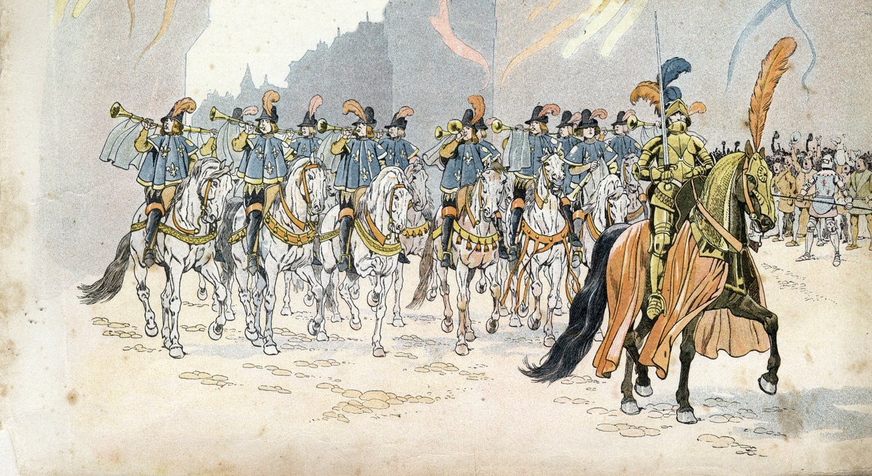 Kuningas Kaarle VI:n (1368-1422) Entrée Pariisissa säestää kolmekymmentä trumpettia. "" Ranskassa, hänen tarinansa kertoi G. Montorgueil, kuva Job""" 1896. Yksityinen kokoelma. tekijältä pseudonym for Onfray de Breville Jacques Job