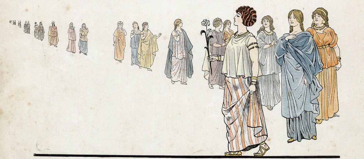 Femmes des """vapaat miehet"" (vapaat kansalaiset), joilla on olkapäällä niititty mekko ja käsivarsissa raskaita jalokiviä. "" Ranskassa, hänen tarinansa kertoi G. Montorgueil, kuva Job""" 1896. Yksityinen kokoelma. tekijältä pseudonym for Onfray de Breville Jacques Job