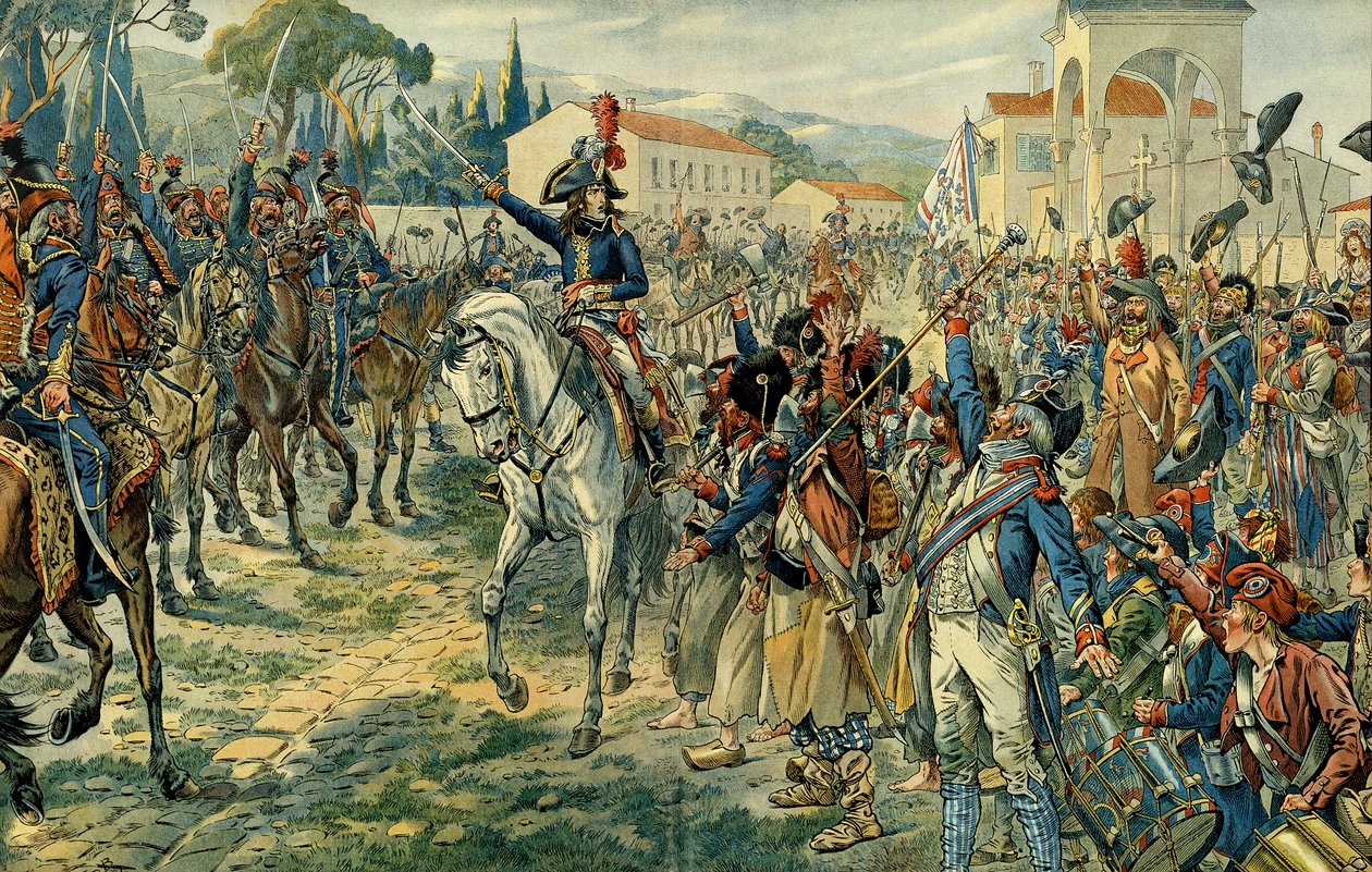 Ensimmäinen Italian kampanja (1796-1797): Napoleon I Bonaparte (1769-1821) arvioi Italian armeijaa Nizzassa 27. maaliskuuta 1796. Kuvitus: Jacques Marie Gaston Onfray de Breville dit JOB (1858-1931). Yksityinen kokoelma tekijältä pseudonym for Onfray de Breville Jacques Job