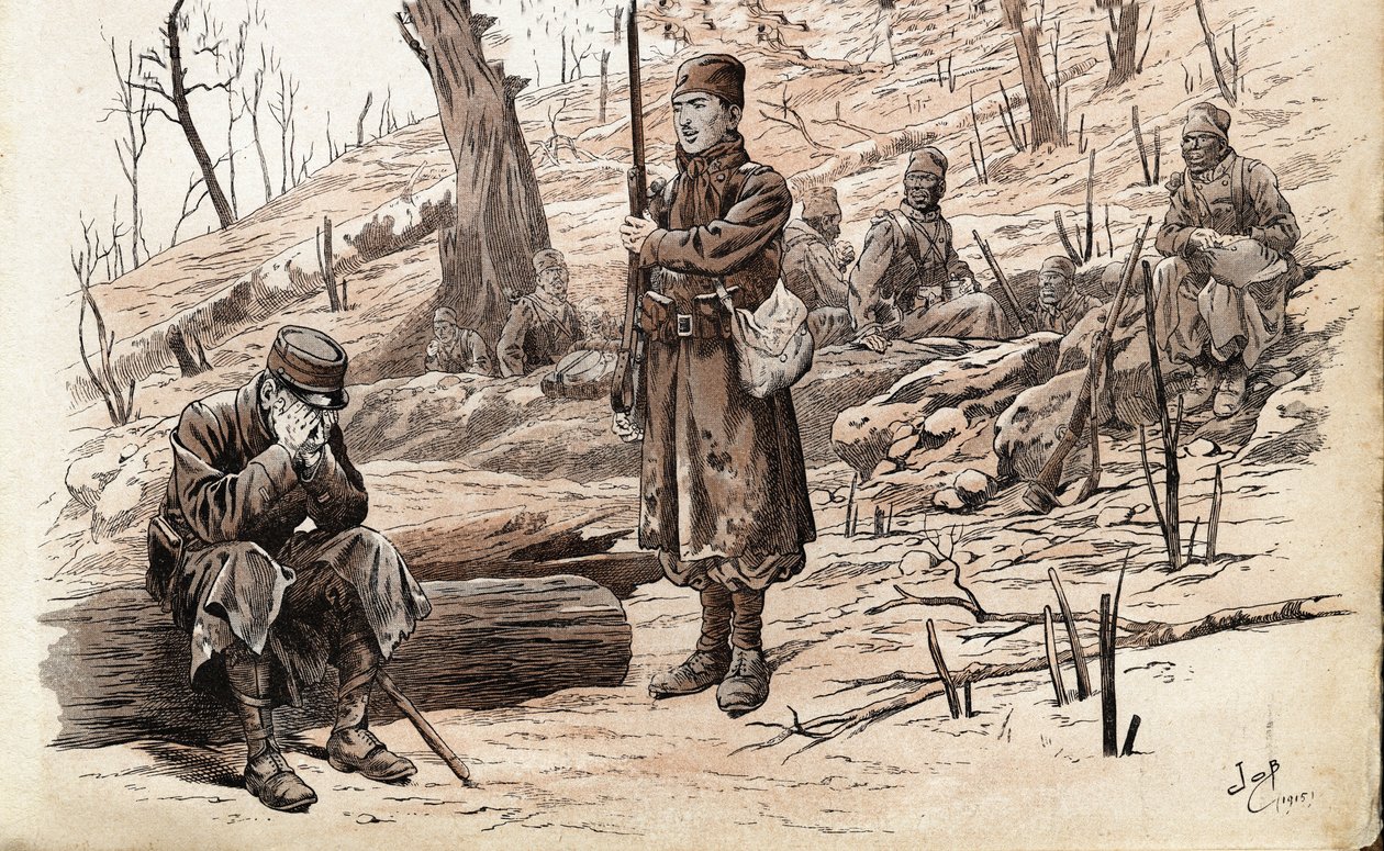 Ensimmäinen maailmansota 1914-1918: Ranskan armeijan jalkaväkisotilas ja senegalilaiset tiraillerit. Kuvitus Jobista (Jacques Marie Gaston Onfray ja Breville) (Jacques-Marie) (1858-1931) kirjalle "Les grands mots historique du pays de France" 1915. Pri tekijältä pseudonym for Onfray de Breville Jacques Job