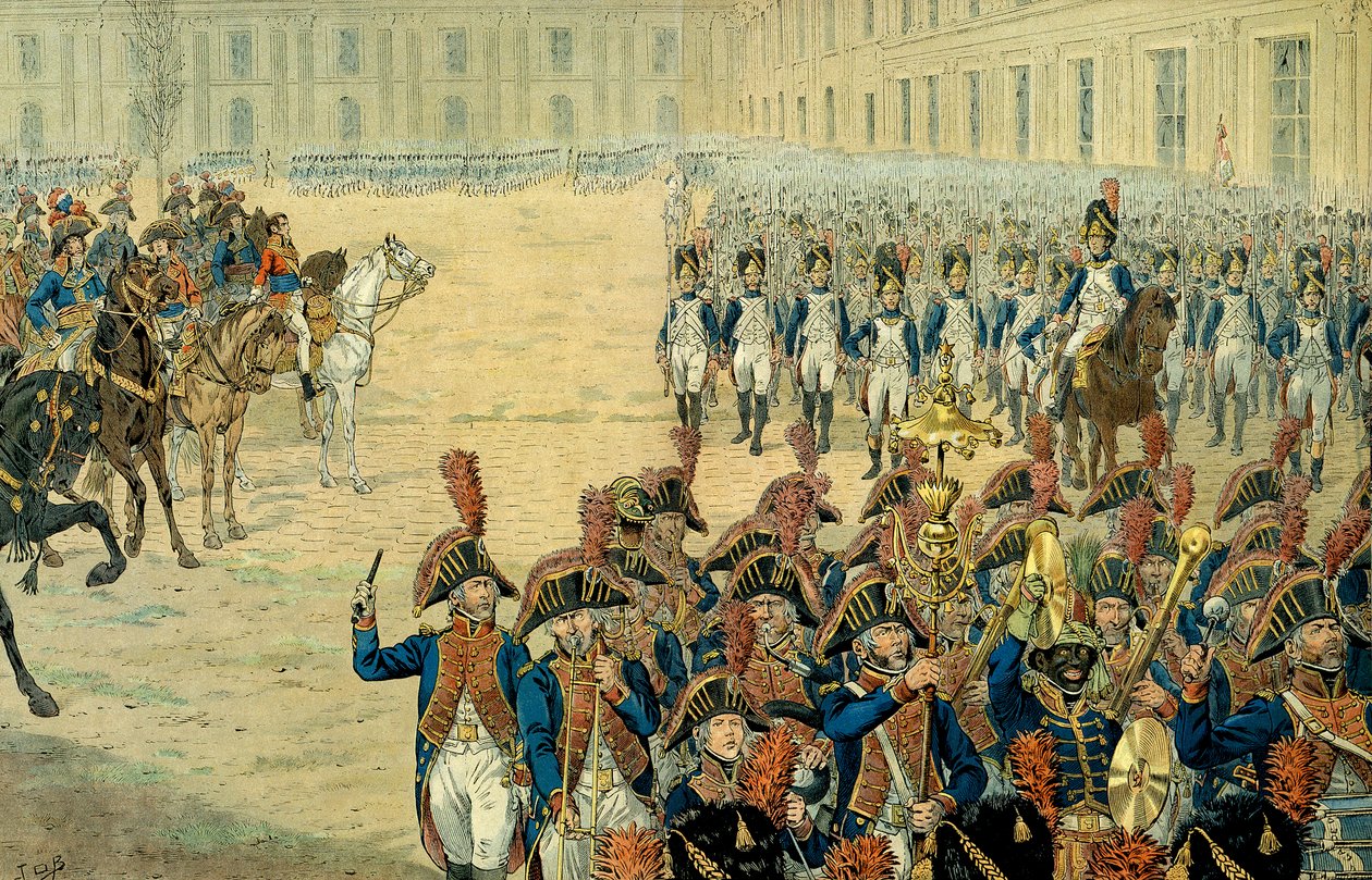 Napoleon I Bonaparten (1769-1821) ensimmäinen katsaus konsulivartiosta Tuileriesin pihalla. Perustuslain hyväksymisen jälkeen vuonna 1800 hallitus lähti Peer-Luxemburgista asettuakseen Tuileries